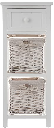 FiNeWaY Fully Assembled White Shabby Chic Bedside Cabinet Unit Table W Wicker Basket Storage Bathroom Bedroom (2 Tier White)
