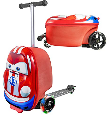 Kiddietotes 3D-Hartschalen-Koffer, Roller für Kinder – niedliches, leichtes Kinder-Handgepäck mit LED-beleuchteten Rädern – aktualisiertes 2022 Rad-Design, einfarbig (Getaway Solids), Rennwagen