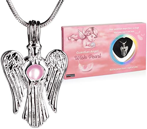 BRUBAKER Schutzengel Guardian Angel Wunschperle - Halskette mit Silber Engel Anhänger + Muschel mit echter Perle als Schmuck Geschenkset - Wish Pearl