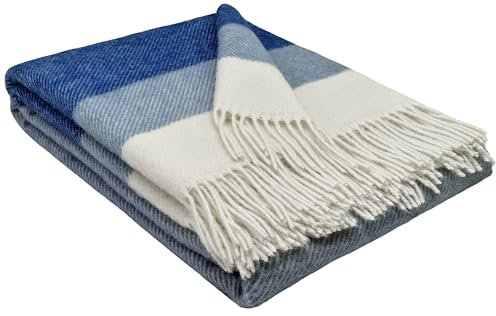 STTS International Wolldecke 100% Schurwolle Wohndecke in versch. Farben Tagesdecke Schurwolldecke Plaid 140 x 200 cm Tirol (Hellblau-Blau-Weiß (Streifen))