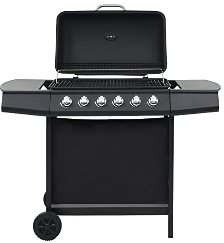 Gasgrill mit 6 Brennern, BBQ Station Grill mit Fettauffangschale & Thermometer, Haube & Rollen, Grillwagen Gusseisen Grillrost Grillstation Camping, Edelstahl