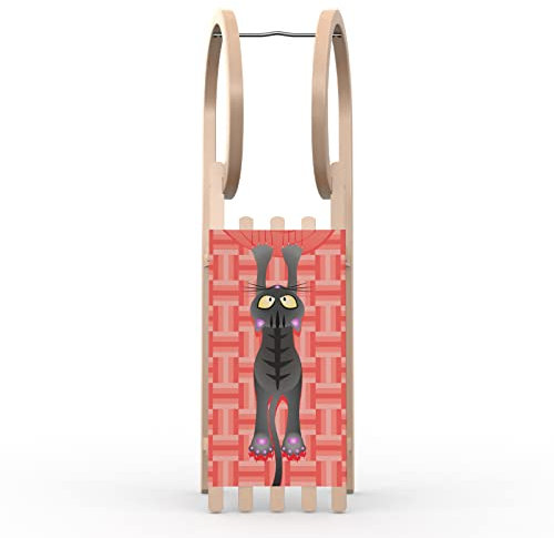 Vispronet Hörnerschlitten Classic, Tragfähigkeit 90 kg, inkl. Zugseil, Holzschlitten für Kinder und Erwachsene, Schlitten Größe 100 x 33 x 38 cm (Katze)