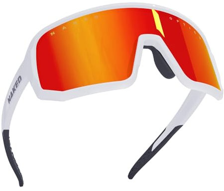 NAKED Optics VOLT Sportbrille Herren, Fahrradbrille Damen, Sport Sonnenbrille mit UV400 Schutz, Schnelle Brille, Rennrad Radbrille, Laufbrille, wechselbare Gläser (Weiß (Rotes Glas) - Weiß)