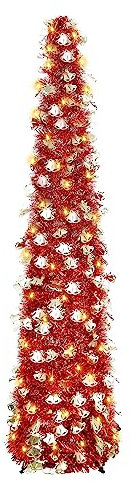 5ft/ 1.5m Pop Up Christmas Tree with Lights and Decorations Fully Decorated Christmas Tree Pop Up Tree Xmas Tree for Small Corner Christmas Decorations, Bell Decoration, Red