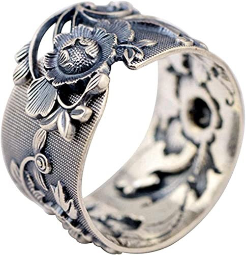 ELEGAM Feng-Shui-Mantra-Ring, Neuheitsring, breiter schwarzer Pfingstrosen-Blumenring im Vintage-Stil for Frauen und Mädchen, 15 mm offen und verstellbar