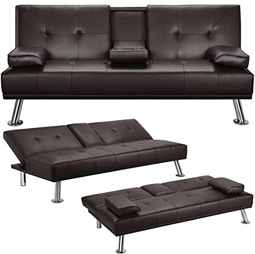 Yaheetech Divano Letto con 2 Braccioli Staccabili Divano Trasformabile Mobile Imbottito a 3 Posti Divanetto Reclinabile da Salotto con Supporto Centrale Porta Bicchieri Espresso/Finta Pelle