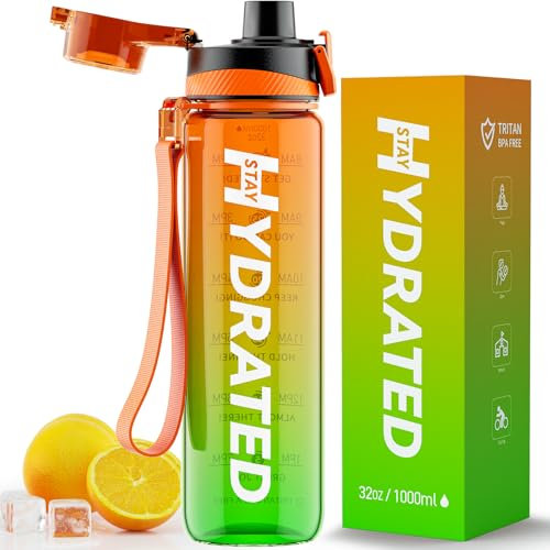 Mevoly Gourde 1L, Tritan Gourde Sport Motivation sans BPA, Transparente avec Graduée, Anti Fuite, Bouteille 1 Litre pour Camping, Randonnée, Yoga, Femme, Homme (Orange D'hémérocalle)