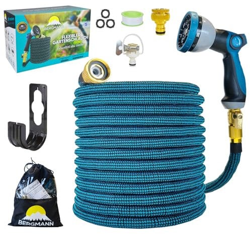 Bergmann® Premium Gartenschlauch Flexible - Flexibler Schlauch mit 10 Funktion Spritze Flexschlauch mit Wandhalterung 3/4 1/2 Zoll Anschluss 3-Fach Latexkern (Blau-30m)