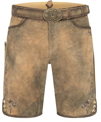 Krüger Herren Trachten Lederhose kurz, Modell: Paulo mit Gürtel, Knielang, braun, Art.-Nr. 961167-0-0071, 50,
