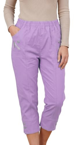 Golomak Womens Capri Trousers, Cherry Berry 3/4 Cotton Pants Size UK 10-24 | 60% Cotton 35Polyester 5% Elasatane Pants Casual, Stretch Fit Elasticated Waist Summer, Ladies Petite women's Cropped Trouser