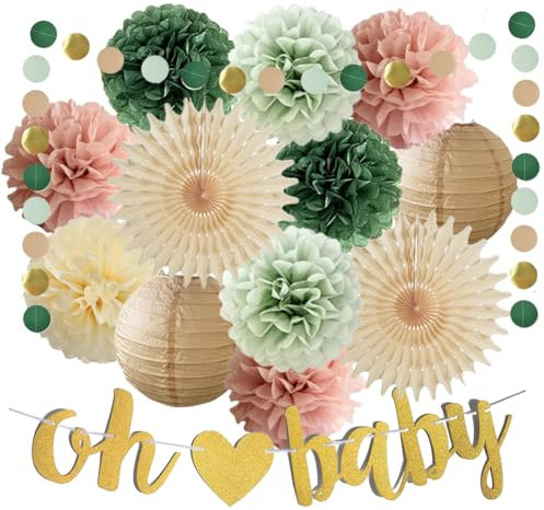 Babyparty Deko Salbeigrün Rosa Baby Shower Deko Mädchen Oh Baby Girlande Salbeigrün Rosa Beige Seidenpapier Pom Poms Gender Reveal Neutral Babyparty Dekoration