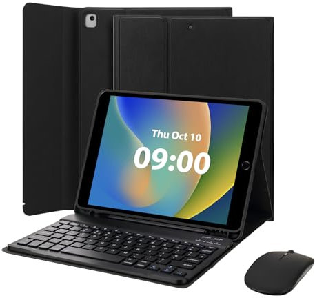 MAYPHY Keyboard Case with Mouse for iPad 9th/8th/7th Generation 10.2 inch, iPad Air 3/Pro 10.5 inch, Detachable Keyboard Case, with Pen Holder, Wireless Mouse, UK Layout, Black