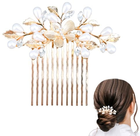 Bride Wedding Bridal Hairpin Comb Pearl, Elegant Wedding Hair Accessories Leaf Design Hairpiece Accessory Flower Side for Women and Girls Vintage-Inspired Bride Hair Pins for Special Occasions (Gold)