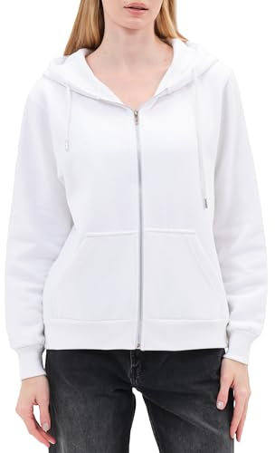 Smith & Solo Felpa con cappuccio da donna, in cotone, a maniche lunghe, con cappuccio, a girocollo, slim fit, per il tempo libero, sport, a maniche lunghe, con cappuccio, Cerniera bianca, M