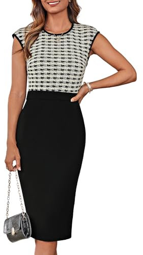 GRACE KARIN Robe en Maille décontractée pour Femme Manches Courtes col Rond Robe de soirée avec Coupe près du Corps Carreaux Noirs et Blancs S