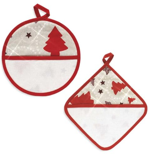 hobbymio.it Presine natalizie da Cucina da ricamare a punto croce, Set da 2 Pezzi presine da cucina con tela aida, Coppia di presine Alberelli Rossi