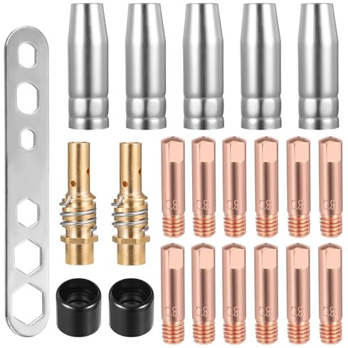 22 Stück Verschleißteile Set, Schutzgasschweißgerät Zubehör, mit 12 x Stromdüse M6 0,8mm,5 x Schweißdüsen,2 x Düsenstock,2 x Isolator,1 Schraubenschlüssel für MIG MAG Schweißbrenner MB15AK