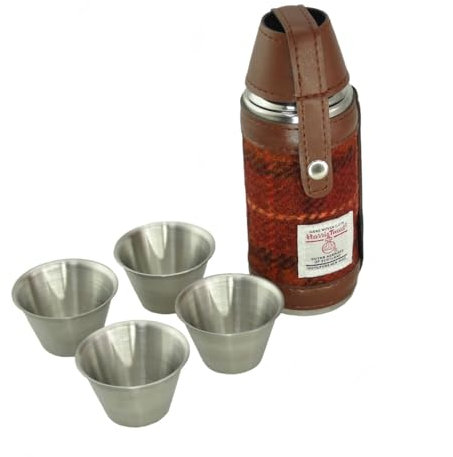 Harris Tweed 8oz Stainless Steel Hunting Flask - Multiple Tartan Hip Flask for Men | 4 Cups | Christmas, New Year, Winter Scottish Gift Box (Brown with Orange Overcheck)