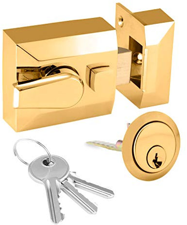 Cylinder LockNarrow Deadlocking Night Latch 40mm, Complete with Rim Cylinder and 3 Keys, Elegant Polished Brass Nightlatch, External Door Lock for Front Door, High Security for Your Home or Workplace(