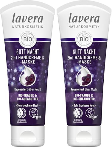 lavera Gute Nacht 2in1 Handcreme & -maske - zertifizierte Naturkosmetik - vegan - Bio Traube & Bio Shea Butter - 75ml (Packung mit 2)