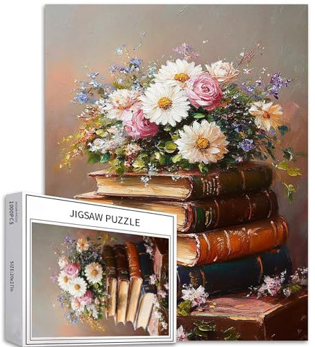 Pile de livres – Casse-tête de 1 000 pièces pour adultes – Scène florale exquise – Puzzle coloré pour décoration de la maison, cadeaux, puzzle familial parfait pour les soirées de jeu, 50,8 x 68,6 cm