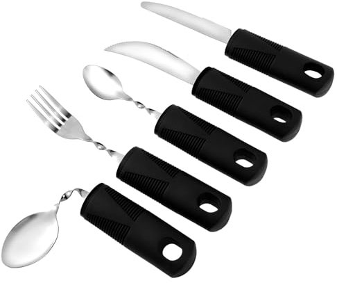 5 cubiertos Parkinson flexibles, con mango antideslizante, 2 cuchillos de 20/16 cm, 2 cucharas de 20,5/16 cm, 1 tenedor de 20 cm, para pacientes con enfermedad de Parkinson