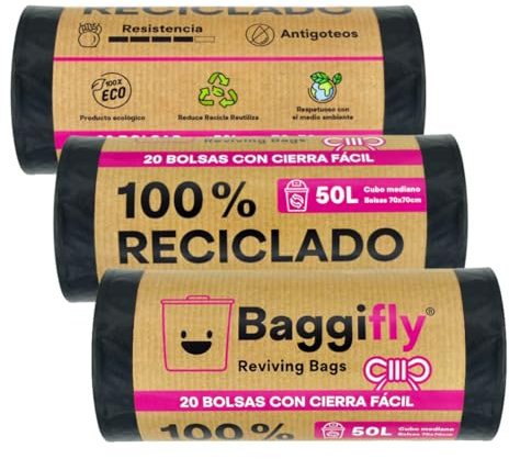 Baggifly, 50L Müllbeutel, 60 Stück Super Reißfest, 100 % Recycelt, Mit Zugband, Öko-Freundlich, Für Haushalt, Büro & Gastronomie, 3 x 20 Beutel, Aus lokaler Produktion