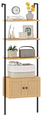 COSTWAY 5-stöckiges Leiterregal Bücherregal, Wandregal mit Schrank, Kippschutz-Kits und Metallrahmen, offenes Aufbewahrungsregal für Wohnzimmer, und Home Office (Natur,60 x 31 x 184 cm)