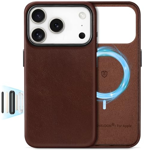 SHIELDON Lederhülle für iPhone 17 Pro 6,3 5G 2025, Retro Kaffee | Kompatibel mit MagSafe, Echtleder, Metallknöpfe, Kamerasteuerung, Magnet Kabelloses Laden, Kratzfeste, Dünne Handyhülle