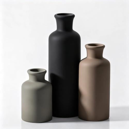 Moderne Dekorative Vasen Set, 3-teilig, Grau Schwarz Beige, Matt Keramik, Minimalistische Zylindrische Form, Wohnzimmer Deko