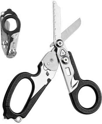 IGXX 6-in-1 Notfallschere Klappbar, Multitool-Traumaschere aus Edelstahl mit Gurtschneider und Glasbrecher, Rettungsschere für Rettungssanitäter und Erste Hilfe, Schwarz