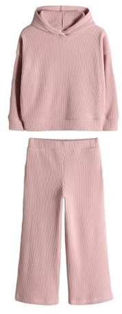 THE SET Fille Ensemble sweat à capuche décontracté, doux et côtelé et pantalon de jogging large Rose 5 Ans