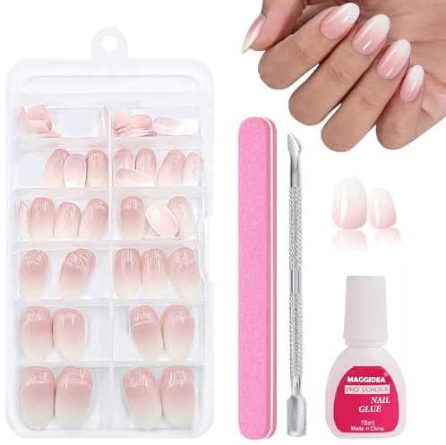 120PCS Short Oval False Nails with Glue, Ombre Nude Press on Nails Set, 12 Sizes Full Cover Acrylic Fake Nails, Reusable Stick on Nails for Women, Long Lasting Natural Nail Tips