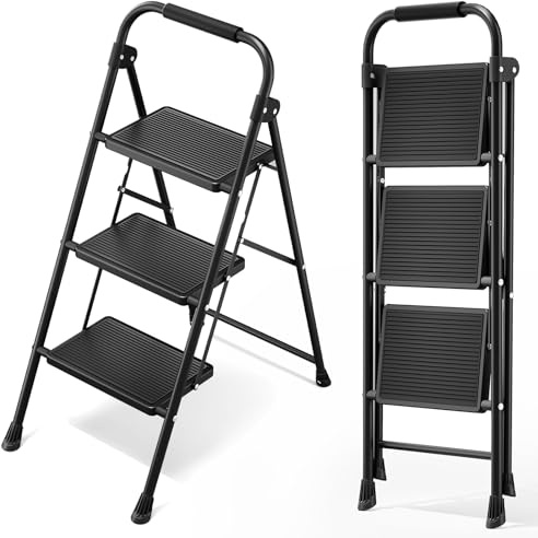 KINGRACK 3 Stufen Kleine Leiter, Trittleiter mit Anti-Rutsch, Breitem Pedal | Tritthocker Klappbar mit Handläufen, Klappsicherung, Stahlleiter Klappleiter Haushaltsleiter für Zuhause Küche, Schwarz