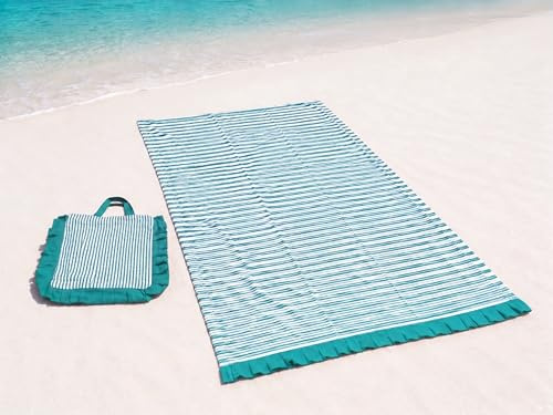 o-day Telo Mare Cotone Leggero con Frill 180x80cm Asciugamano Mare con Borsa Coordinata Set Spiaggia Elegante a Righe (Tiffany)