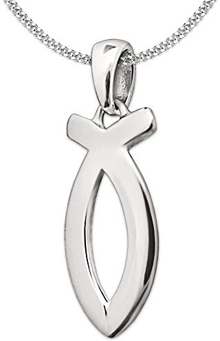 Set de colgante de plata con Ichty plano de 17 mm, símbolo del pez de Jesús con cadena estilo panzer brillante de 42 cm, plata de ley 925 de Clever Schmuck