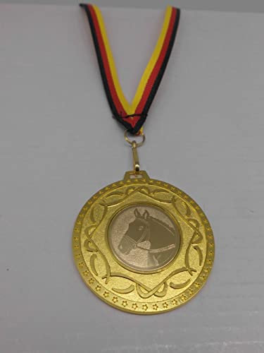Fanshop Lünen Reiten Medaillen aus Metall 50mm mit einem Emblem, 25mm - Pferde - Dressur - Reitsport - inkl. Medaillen - Band - Farbe: Gold - mit Emblem 25mm - Turnier - (9178)