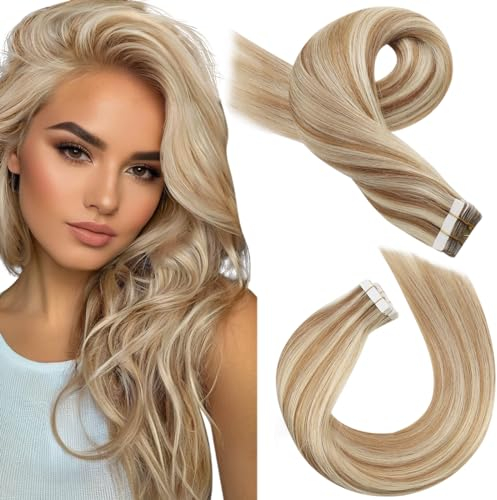 Moresoo Tape in Extensions Echthaar Blond Remy Echthaar Tape Extensions Mittelbraun mit Platinblond Unsichtbar Haarverlängerung Echthaar Tape Extensions 20 Stück 30 Gramm 30 cm #6/60
