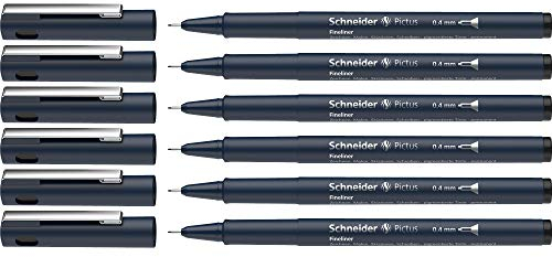 Schneider Pictus Fineliner (Strichstärke 0,4 mm, dokumentenechte Pigmentliner, metallgefasste Spitze, Gehäuse aus 85% recyceltem Kunststoff) 6er Pack, schwarz