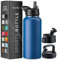 FineDine Triple Walled, Insulated Water Bottles with Straw - 32 Oz Stainless Steel Metal Bottle W/ 3 Leak Proof Lids - For Travel, School, Sports, Gym/Men, Women & Kids - Majestic Sapphire