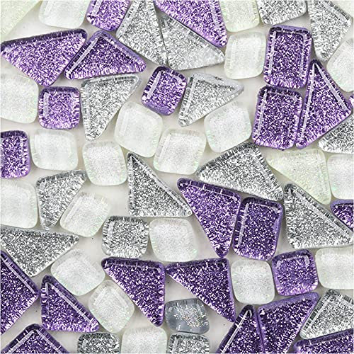 Bunte Glasmosaikfliesen 200g, Irregulär Glitzerkristall Mosaiksteine Glasstücke, Glasfliesen Glassteine für Basteln, Haus Deko(Purple Dream)