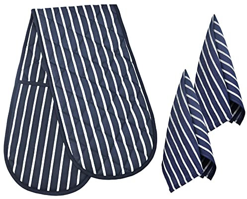 HouseGads Oven Gloves Double & Kitchen Towels - BBQ Cooking Gloves - Heat Resistant Gloves -Tea Towels - Double Oven Gloves - Oven Mitts for Baking and Holding Pots - Oven Gloves Heat Resistant (Blue)