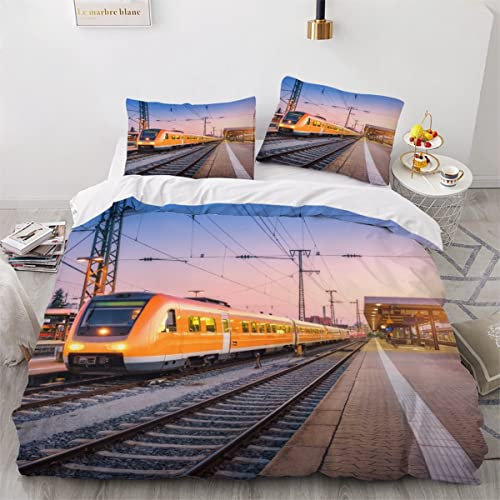 LLSL Fahrender Zug Bettwäsche 135×200 Kinder Moderne Lokomotive 3D Druck Bettbezüge Mikrofaser Weiche kuschelig 3 teilig Bettwäsche Set mit Reißverschluss et 2 Kissenbezug 80x80 für Jungen, Color11