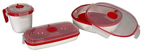 Snips, Lot de 3 récipients de cuisson pour micro-ondes, Cuiseur vapeur 2 litres, Cuiseur œufs et omelettes, Tasses, Blanc et rouge, 100% fabriqué en Italie