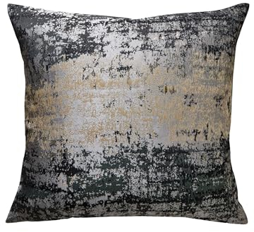 THE-TINOART Kissenbezug in Anthrazit und Schwarz, 61 x 61 cm, goldbestickt, luxuriös, Jacquard, modern, wendbar, für Sofa/Bett, Samtrückseite