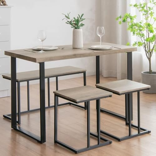 TANGZON Dining Table and Stools Set with Bench, 4-Piece Steel Frame Kitchen Table Set with Adjustable Foot Pads, Space-Saving Wooden Dining Room Furniture (Oak, Reinforced Bar)
