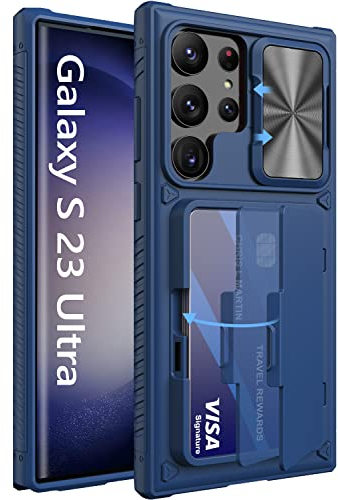 Vihibii Coque pour Samsung Galaxy S23 Ultra avec Porte-Cartes (4 Cartes) et Couvercle de l'appareil Photo Coulissant & Support, Anti-Rayures Etui Portefeuille Robuste pour S23 Ultra 5G 2023,Bleu