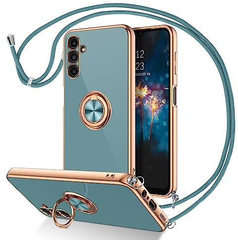 DUEDUE Coque pour Samsung A14 Cordon avec Anneau Rotatif, Protection Caméra Souple Fine Doublure Microfibre, Coque Bague avec Corde Bandoulière Réglable pour Samsung Galaxy A14 4G/5G, Gris Vert