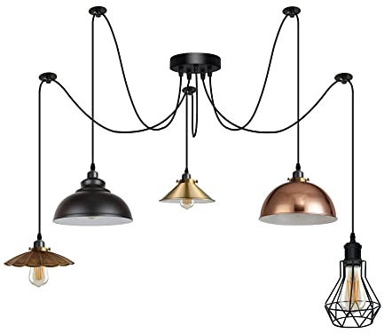 5-armige DIY-Spider-Pendelleuchte, 5-flammige E27-Vintage-Industrie-Deckenleuchten, Metallschirme, Retro-Hängeleuchter, höhenverstellbares 2-m-Kabel, Wohnzimmer, Esszimmer (SPIDER 2, Mit Glühbirne)