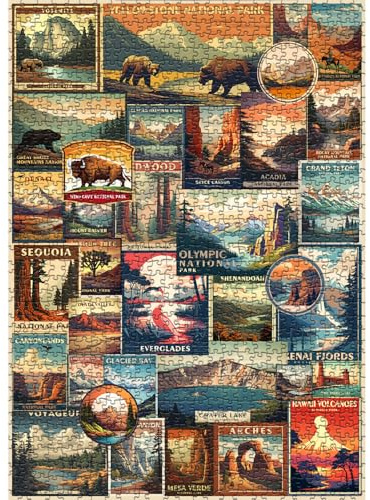 Vintage Nationalparks Puzzle für Erwachsene 1000 Teile, Reise-Poster Landschaftspuzzle Einschließlich Yellowstone Zion Acadia Yosemite, Natur Jigsaw Puzzles Landschaft Berg Szene